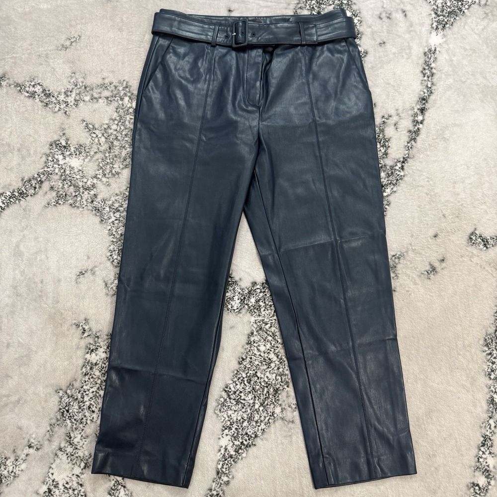 Ann Taylor Womens 14 Blue Faux Leather Belted Straight Leg Pants High Rise